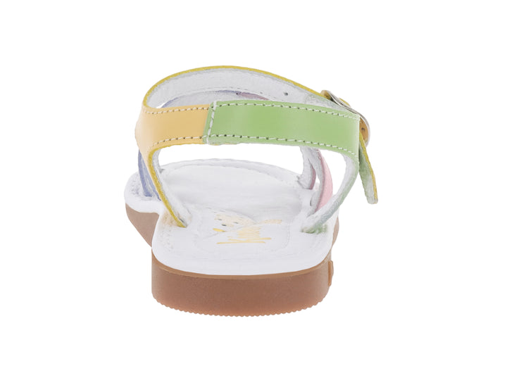 Sandalia infantil de colores pastel con correas cruzadas y suela blanca.
