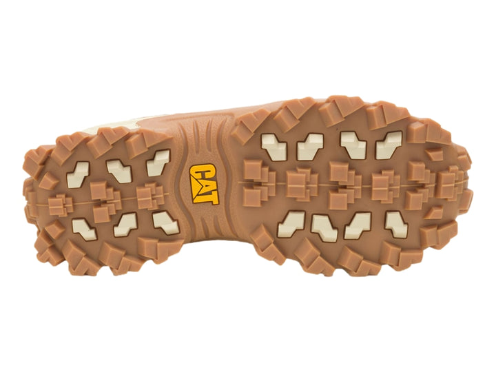 Tenis Caterpillar color marrón y azul marino con suela gruesa y robusta.
