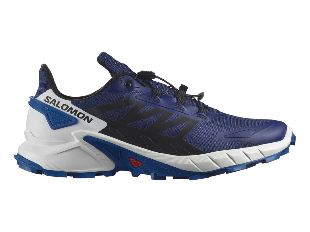 Tenis deportivos Salomon Supercross 4 en color azul y blanco con suela blanca y detalles en negro.