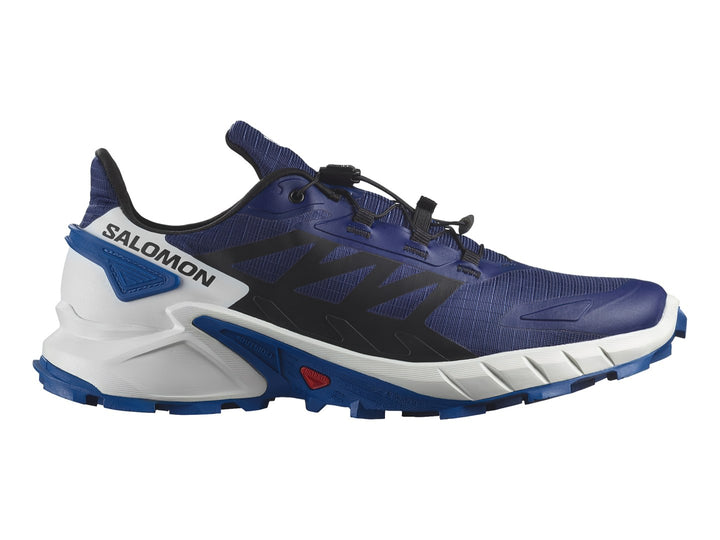 Tenis deportivos Salomon Supercross 4 en color azul y blanco con suela blanca y detalles en negro.