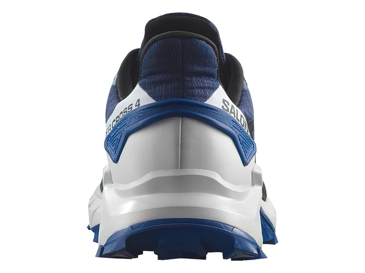 Tenis deportivos Salomon Supercross 4 en color azul y blanco con suela blanca y detalles en negro.