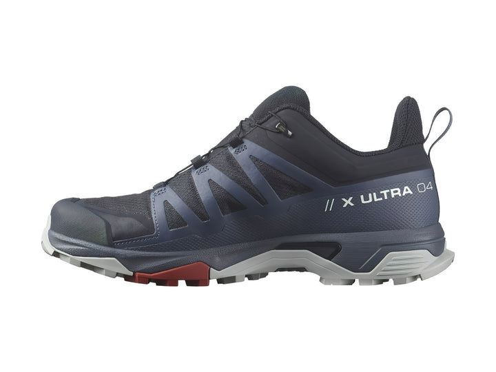 Zapato de senderismo Salomon X Ultra 4 GTX en color azul marino con detalles en gris y rojo.