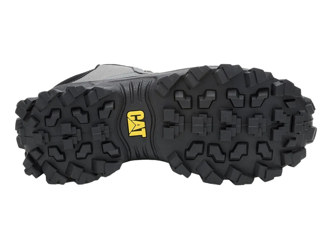 Bota Caterpillar Intruder Galosh 2.0 Mid en color gris y negro con detalles amarillos y suela robusta.