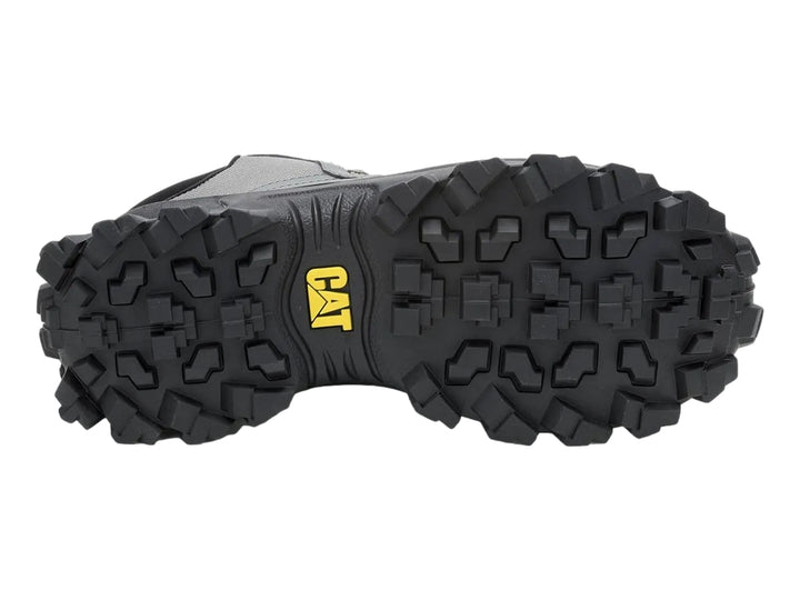Bota Caterpillar Intruder Galosh 2.0 Mid en color gris y negro con detalles amarillos y suela robusta.