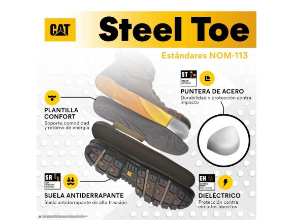 Bota de trabajo Caterpillar de cuero marrón rojizo con detalles negros y suela robusta.