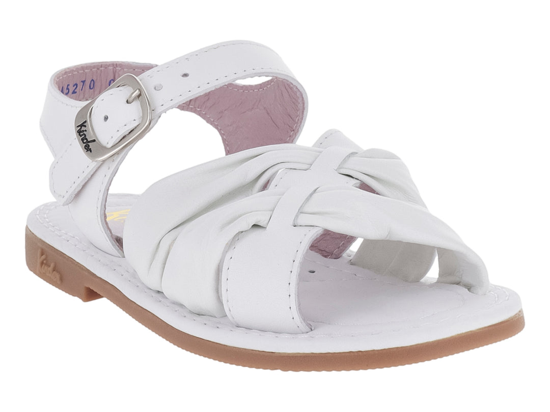 Sandalia blanca con correa ajustable, hebilla metálica y suela color café.