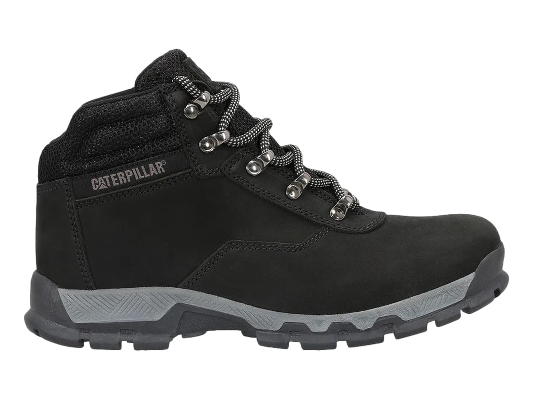 Bota Caterpillar de cuero color negro con suela gris y cordones, vista lateral sobre fondo blanco.