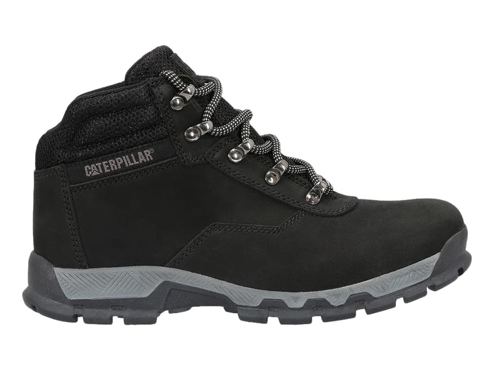 Bota Caterpillar de cuero color negro con suela gris y cordones, vista lateral sobre fondo blanco.