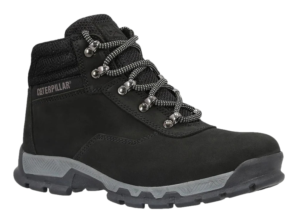 Bota Caterpillar de cuero color negro con suela gris y cordones, vista lateral sobre fondo blanco.