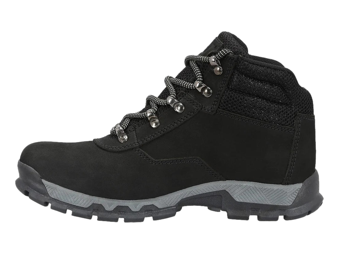 Bota Caterpillar de cuero color negro con suela gris y cordones, vista lateral sobre fondo blanco.
