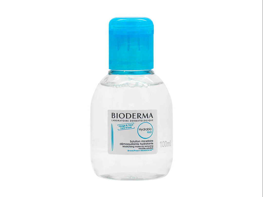 Botella pequeña de solución micelar Bioderma Hydrabio de 100ml con tapa azul y envase transparente.