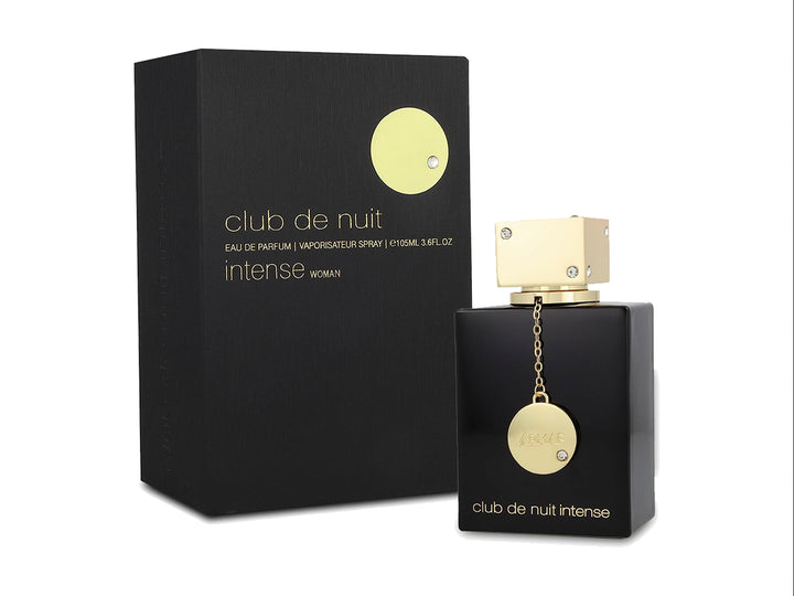 Perfume Armaf Club de Nuit Intense Woman en botella negra con detalles dorados y su caja negra.