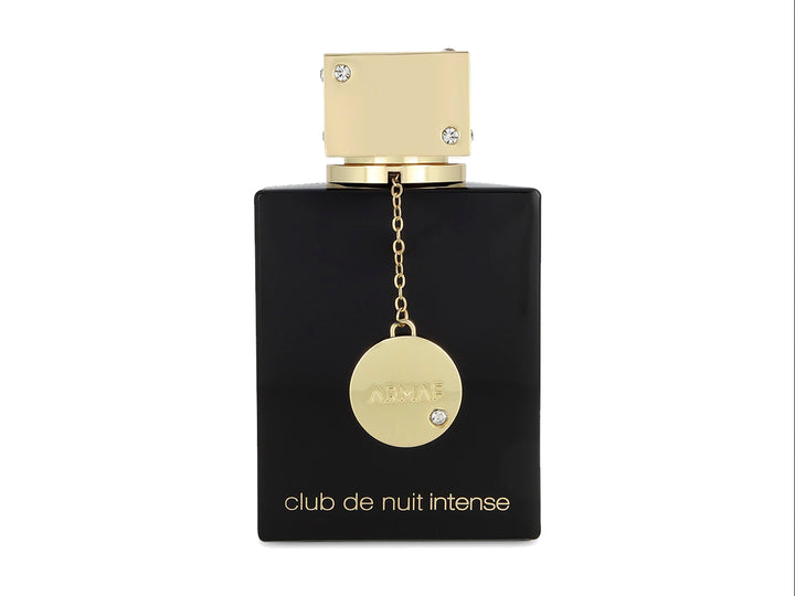 Perfume Armaf Club de Nuit Intense Woman en botella negra con detalles dorados y su caja negra.