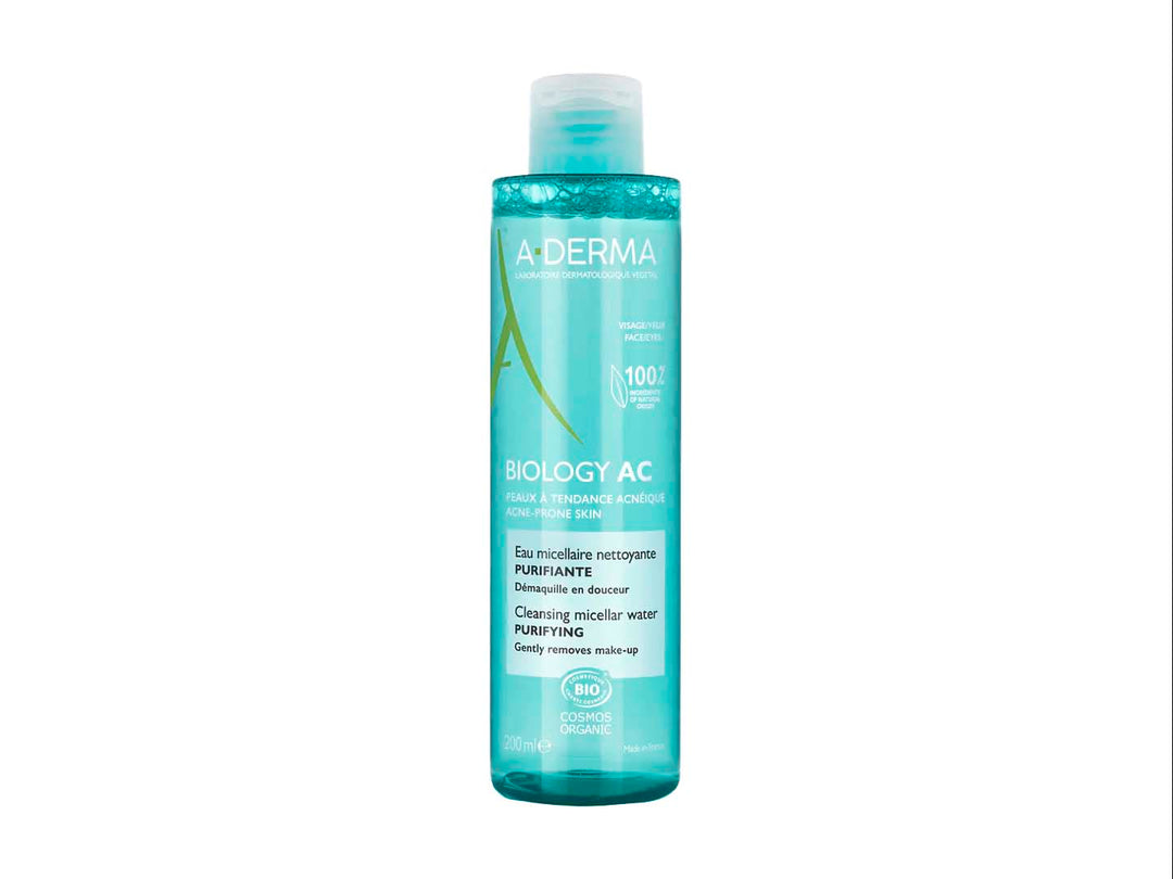 Botella cilíndrica de plástico celeste transparente de Agua Micelar Biology AC de Aderma, 200ml.