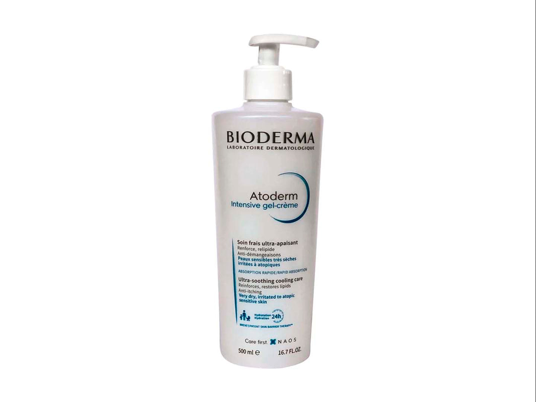Botella blanca de BIODERMA Atoderm Intensive gel-crème con dispensador de bomba.