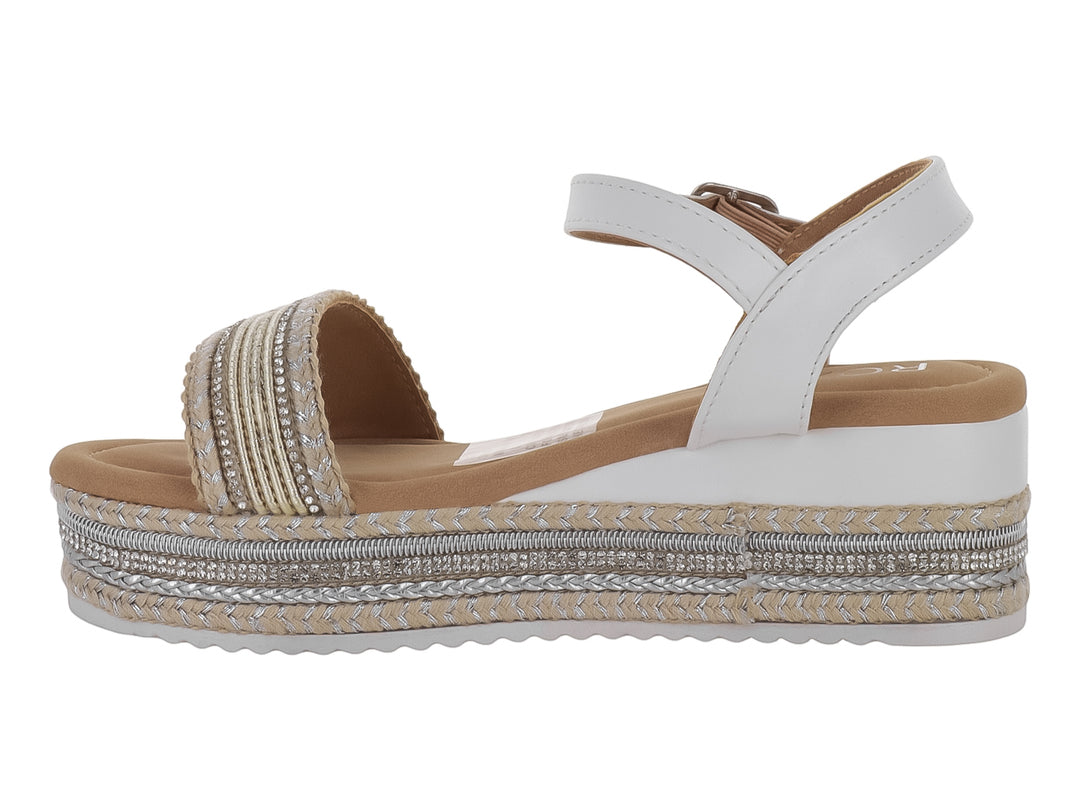 Sandalia de plataforma blanca con detalles plateados y beige en la suela y correa frontal.