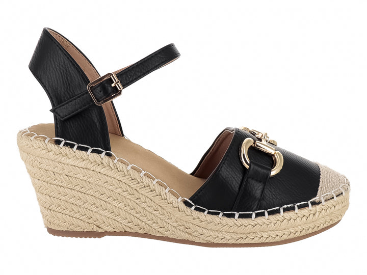 Sandalia de cuña color negro con plataforma de yute beige y detalle de hebilla dorada, para Mujer.