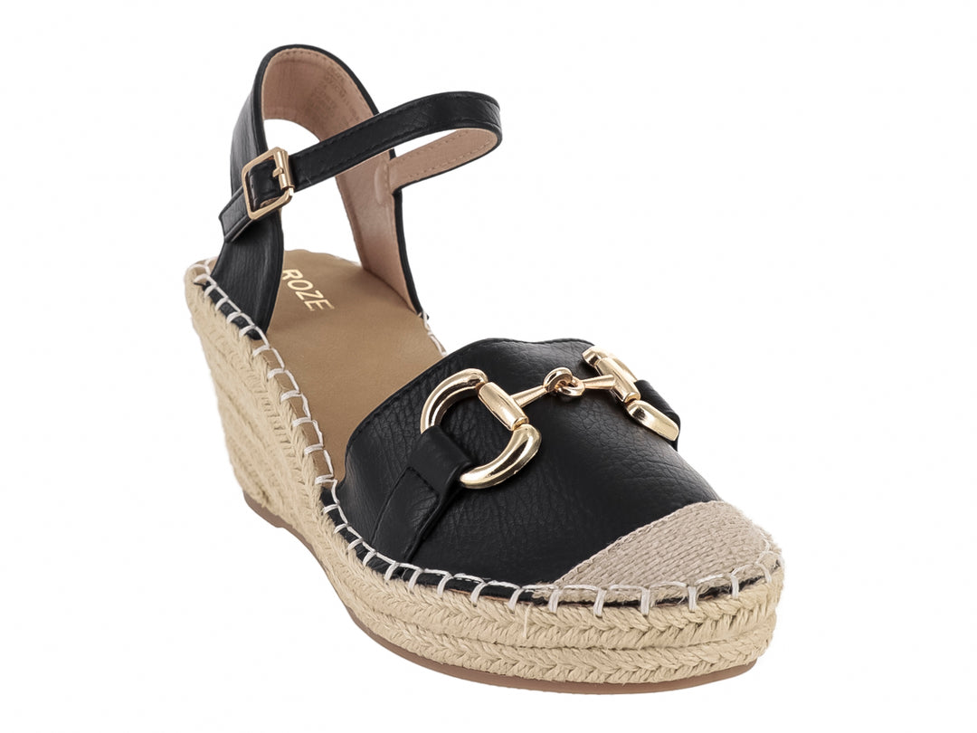 Sandalia de cuña color negro con plataforma de yute beige y detalle de hebilla dorada, para Mujer.