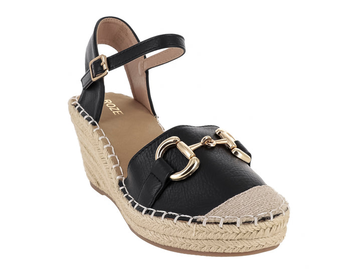 Sandalia de cuña color negro con plataforma de yute beige y detalle de hebilla dorada, para Mujer.