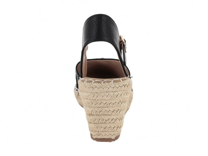 Sandalia de cuña color negro con plataforma de yute beige y detalle de hebilla dorada, para Mujer.
