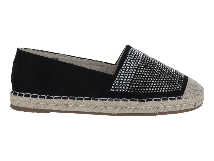 Zapato alpargata negro con aplicaciones de brillantes en la punta y suela de cuerda natural.