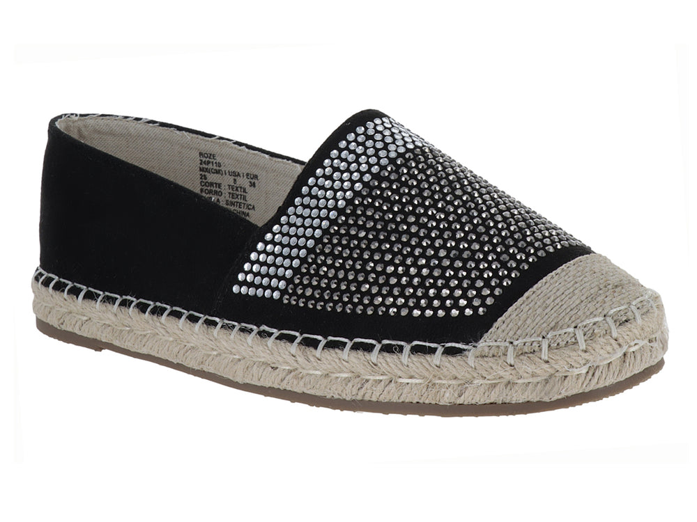 Zapato alpargata negro con aplicaciones de brillantes en la punta y suela de cuerda natural.