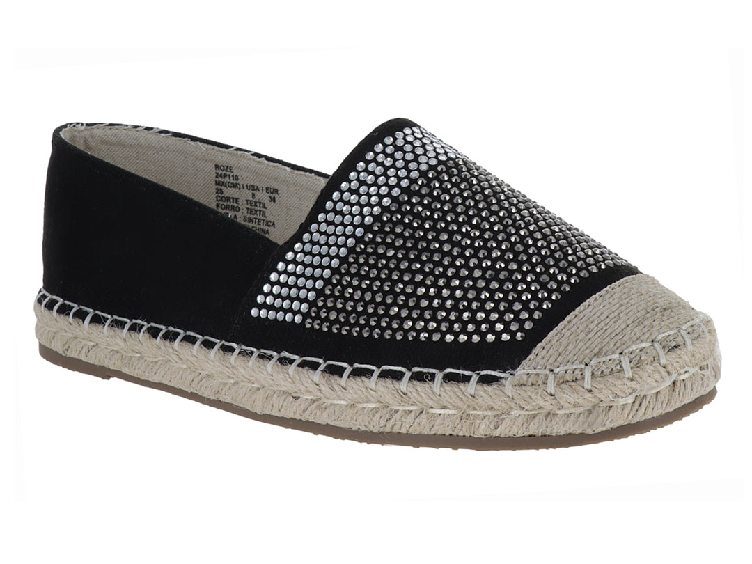 Zapato alpargata negro con aplicaciones de brillantes en la punta y suela de cuerda natural.