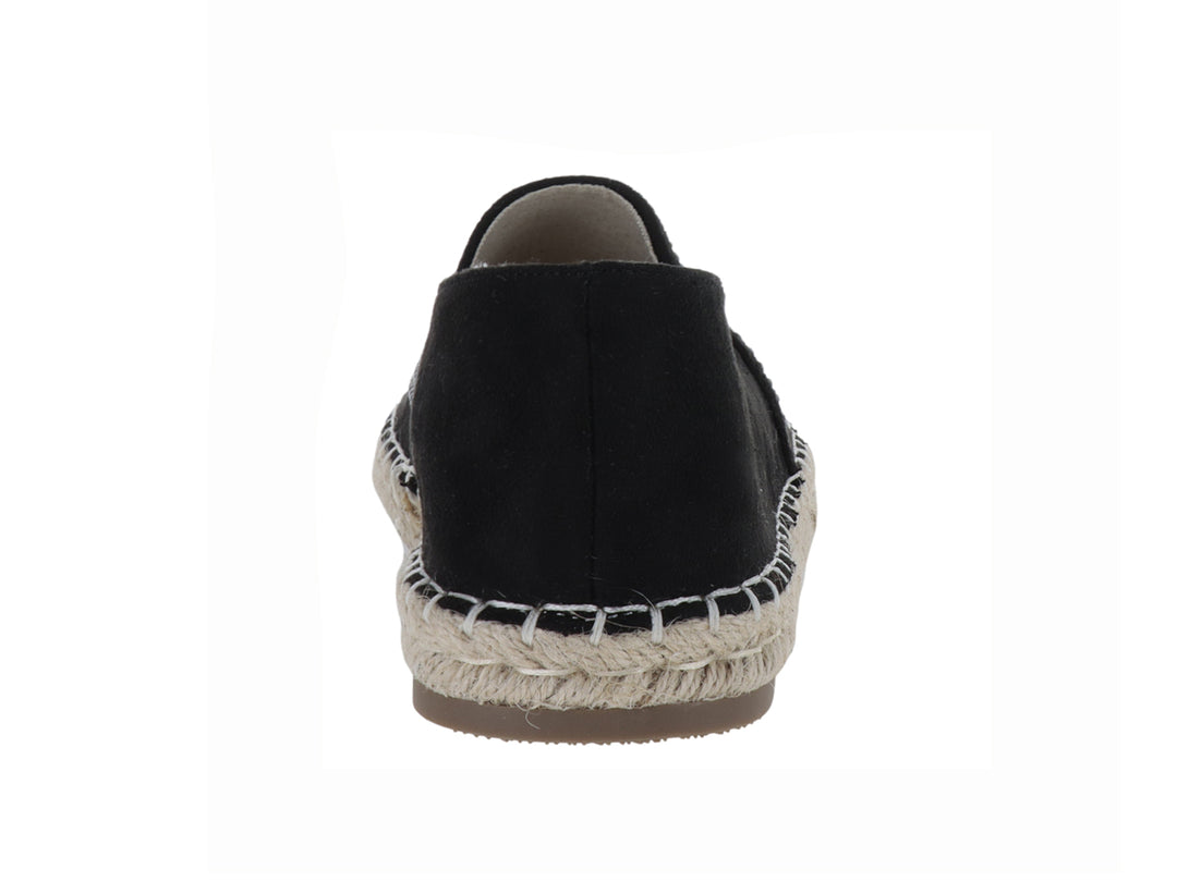 Zapato alpargata negro con aplicaciones de brillantes en la punta y suela de cuerda natural.