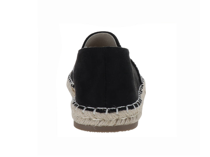 Zapato alpargata negro con aplicaciones de brillantes en la punta y suela de cuerda natural.