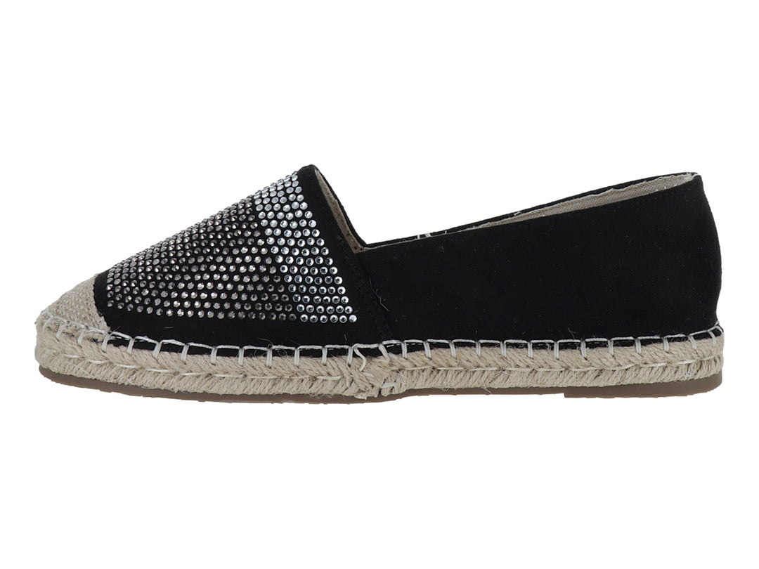 Zapato alpargata negro con aplicaciones de brillantes en la punta y suela de cuerda natural.