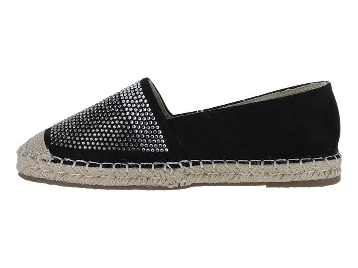Zapato alpargata negro con aplicaciones de brillantes en la punta y suela de cuerda natural.
