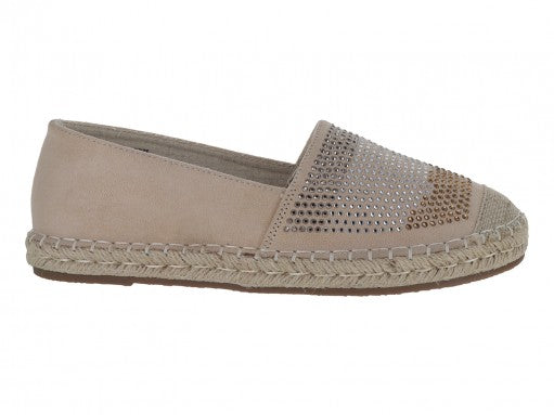 Zapato tipo alpargata color beige para mujer con detalles de pedrería brillante en la parte superior y suela de cuerda.