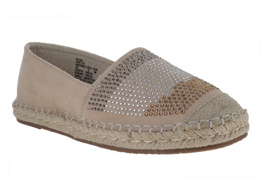 Zapato tipo alpargata color beige para mujer con detalles de pedrería brillante en la parte superior y suela de cuerda.