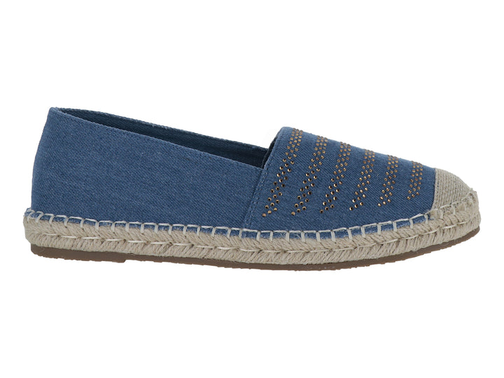 Zapato tipo alpargata color azul navy con suela de cuerda beige y detalles decorativos en la parte superior.
