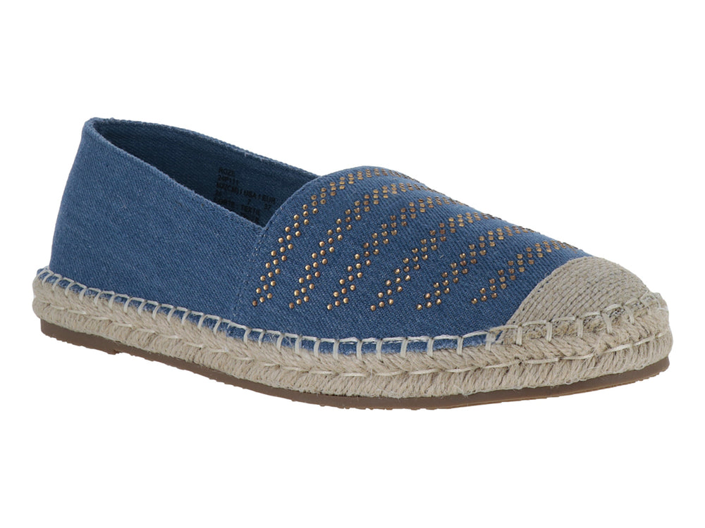 Zapato tipo alpargata color azul navy con suela de cuerda beige y detalles decorativos en la parte superior.