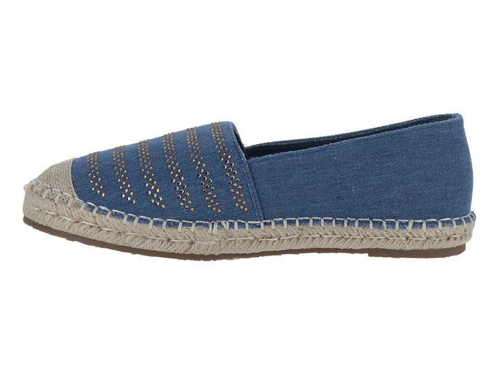 Zapato tipo alpargata color azul navy con suela de cuerda beige y detalles decorativos en la parte superior.