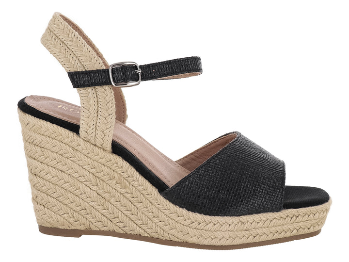 Sandalia de plataforma wedge marca ROZE en color negro con base de yute beige y correa ajustable al tobillo.