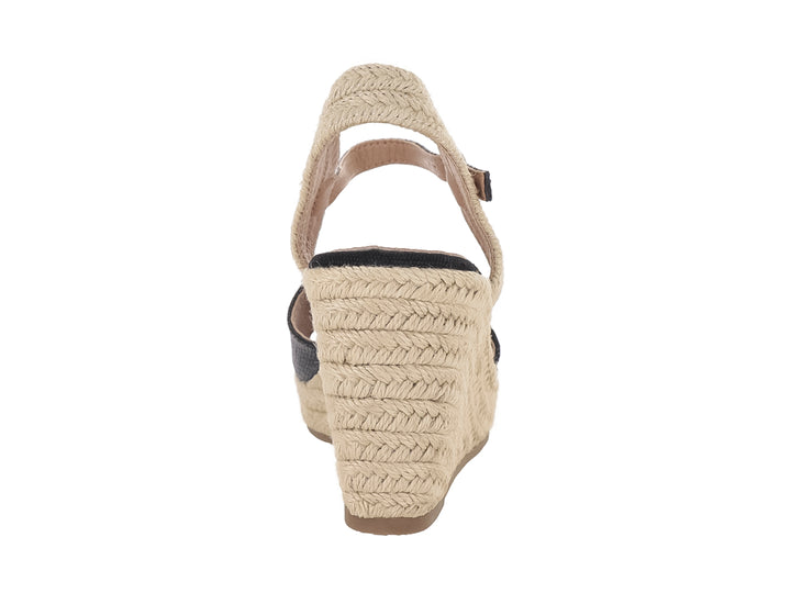 Sandalia de plataforma wedge marca ROZE en color negro con base de yute beige y correa ajustable al tobillo.