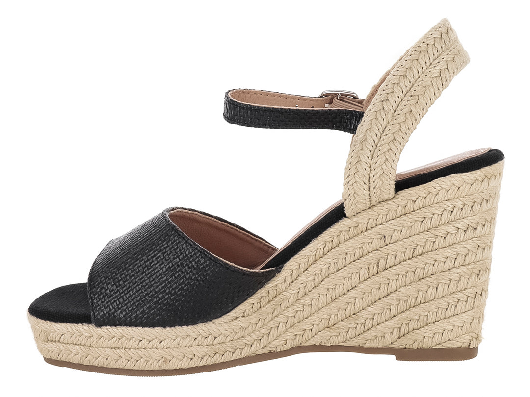 Sandalia de plataforma wedge marca ROZE en color negro con base de yute beige y correa ajustable al tobillo.