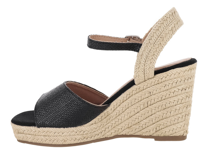 Sandalia de plataforma wedge marca ROZE en color negro con base de yute beige y correa ajustable al tobillo.