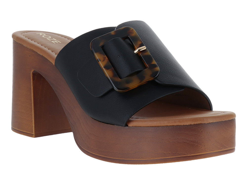 Sandalia de plataforma color negro con tacón marrón y hebilla decorativa efecto carey para mujer.