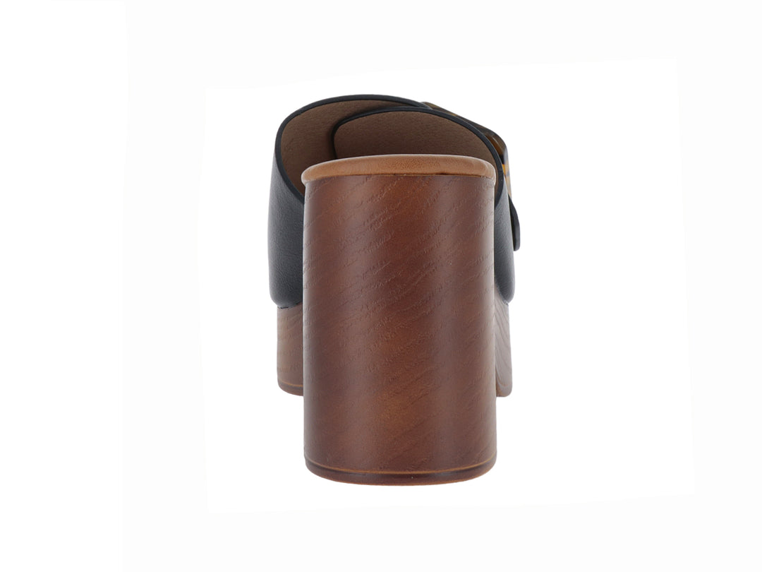 Sandalia de plataforma color negro con tacón marrón y hebilla decorativa efecto carey para mujer.
