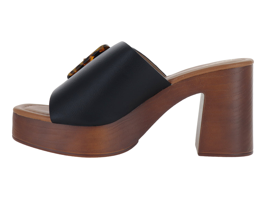 Sandalia de plataforma color negro con tacón marrón y hebilla decorativa efecto carey para mujer.