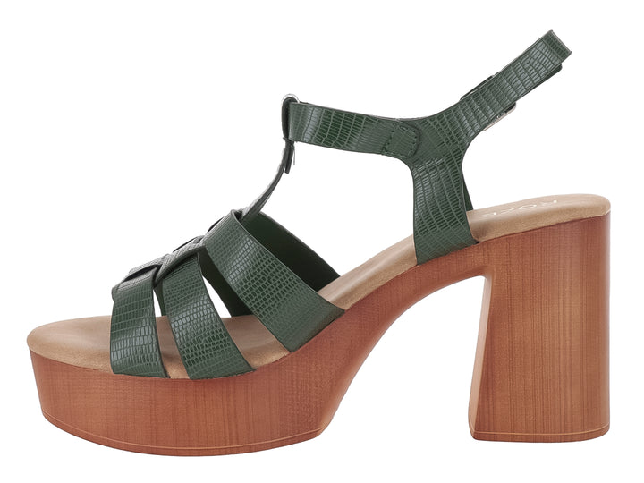 Sandalia verde de plataforma con tacón grueso color café y tiras frontales con textura de piel de cocodrilo.