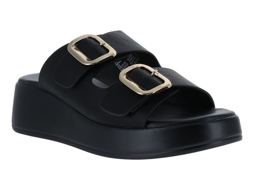 Sandalias negras de plataforma con dos hebillas doradas.
