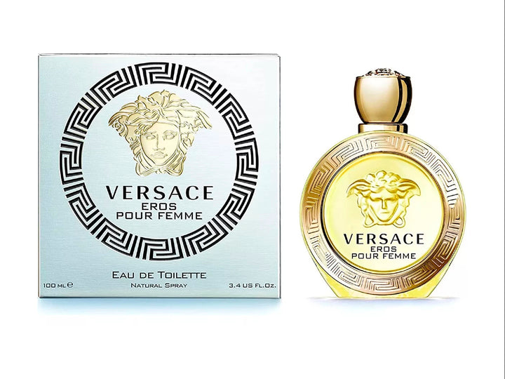 Perfume Versace Eros Pour Femme en frasco circular dorado con su caja blanca y detalles dorados.