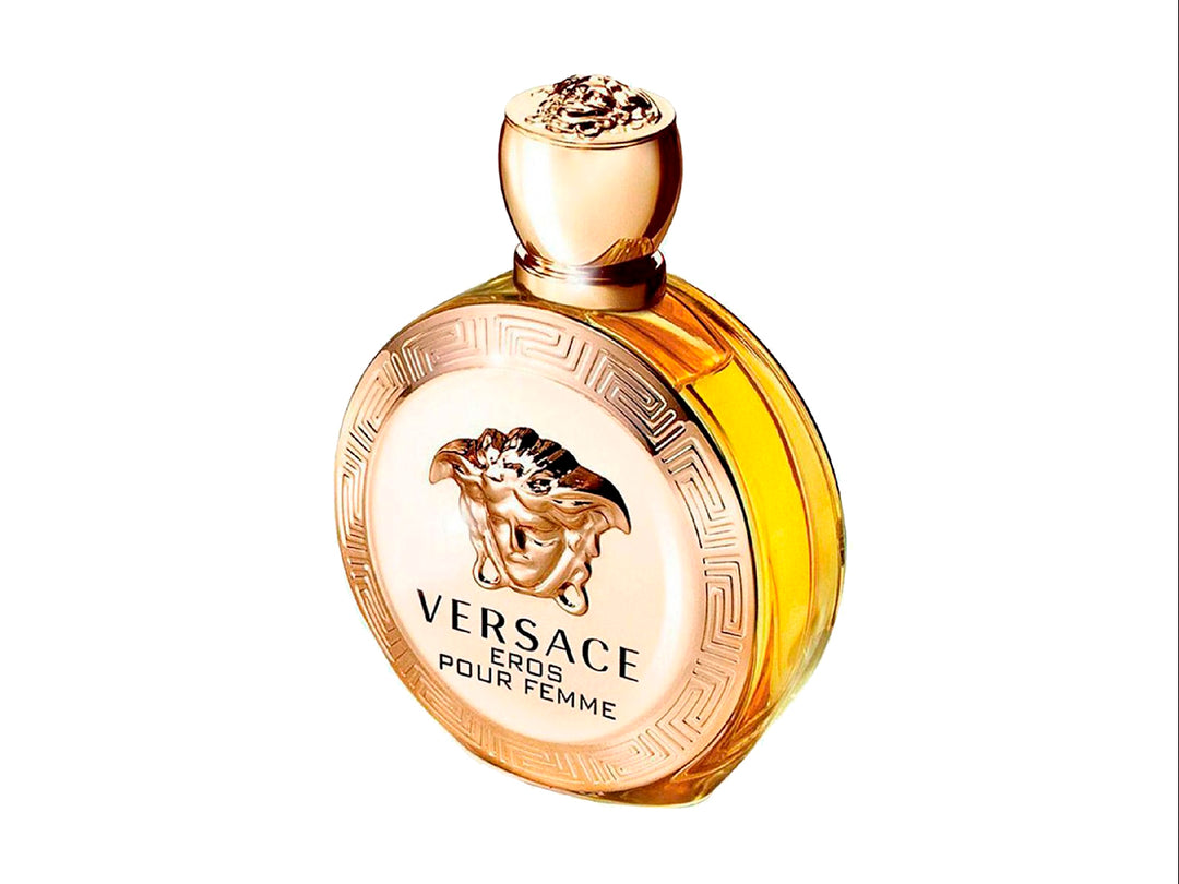 Perfume Versace Eros Pour Femme en frasco circular dorado con su caja blanca y detalles dorados.