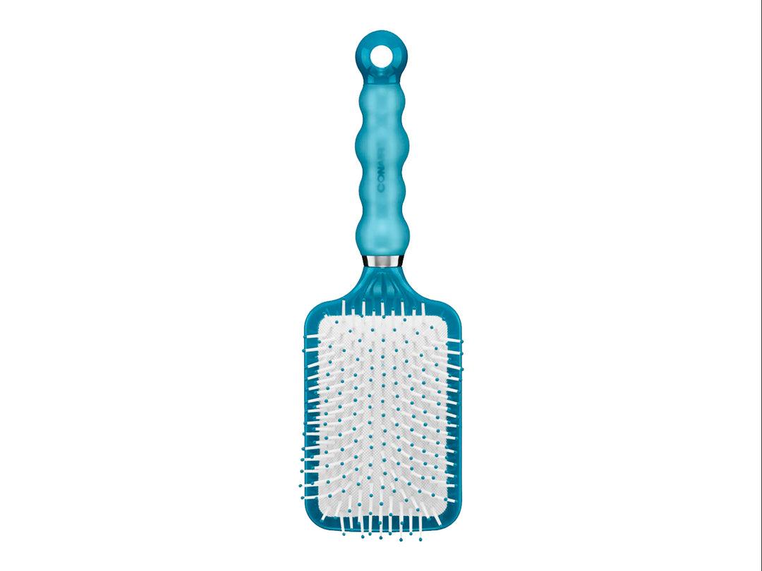 Cepillo de pelo de pala Scunci en color azul con cerdas blancas y mango ergonómico Gel Grips.