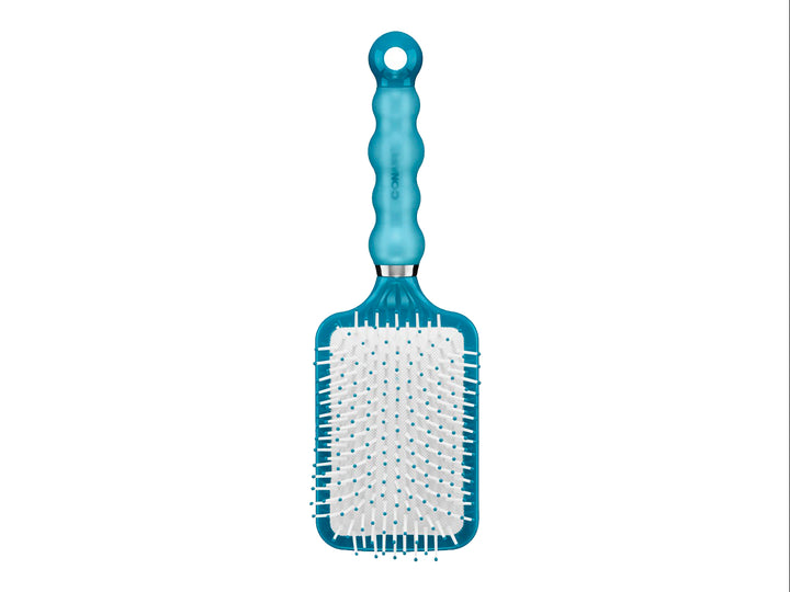 Cepillo de pelo de pala Scunci en color azul con cerdas blancas y mango ergonómico Gel Grips.