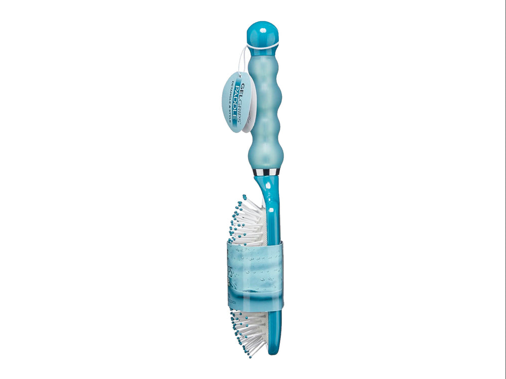 Cepillo de pelo de pala Scunci en color azul con cerdas blancas y mango ergonómico Gel Grips.